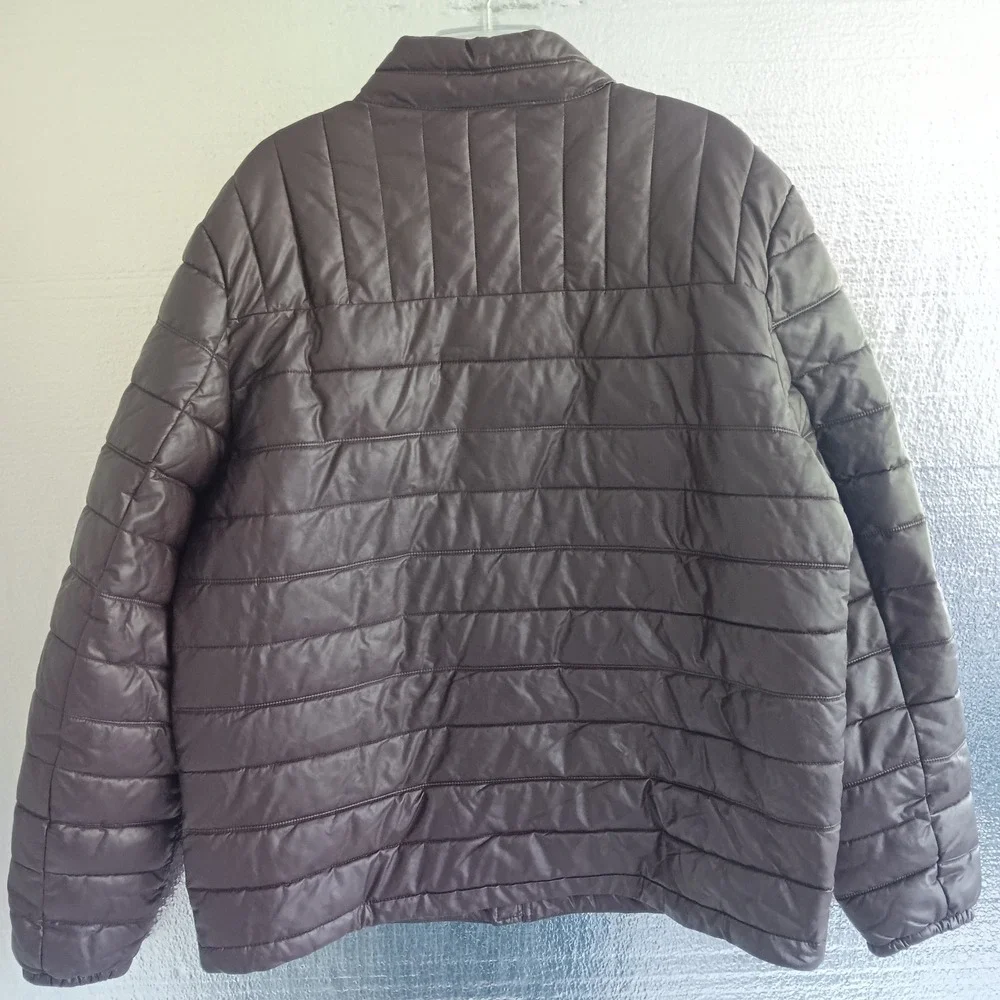 Tommy Hilfiger Puffer Jacket Mens XL Brown EUC Faux Leather Quilted Zip